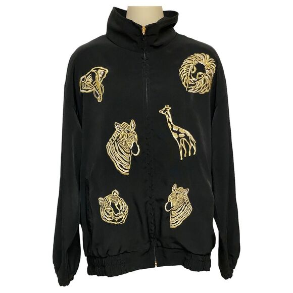 Vintage Black Gold Embroidered Safari Animal Jacket Size M Statement Bomber - Picture 3 of 13